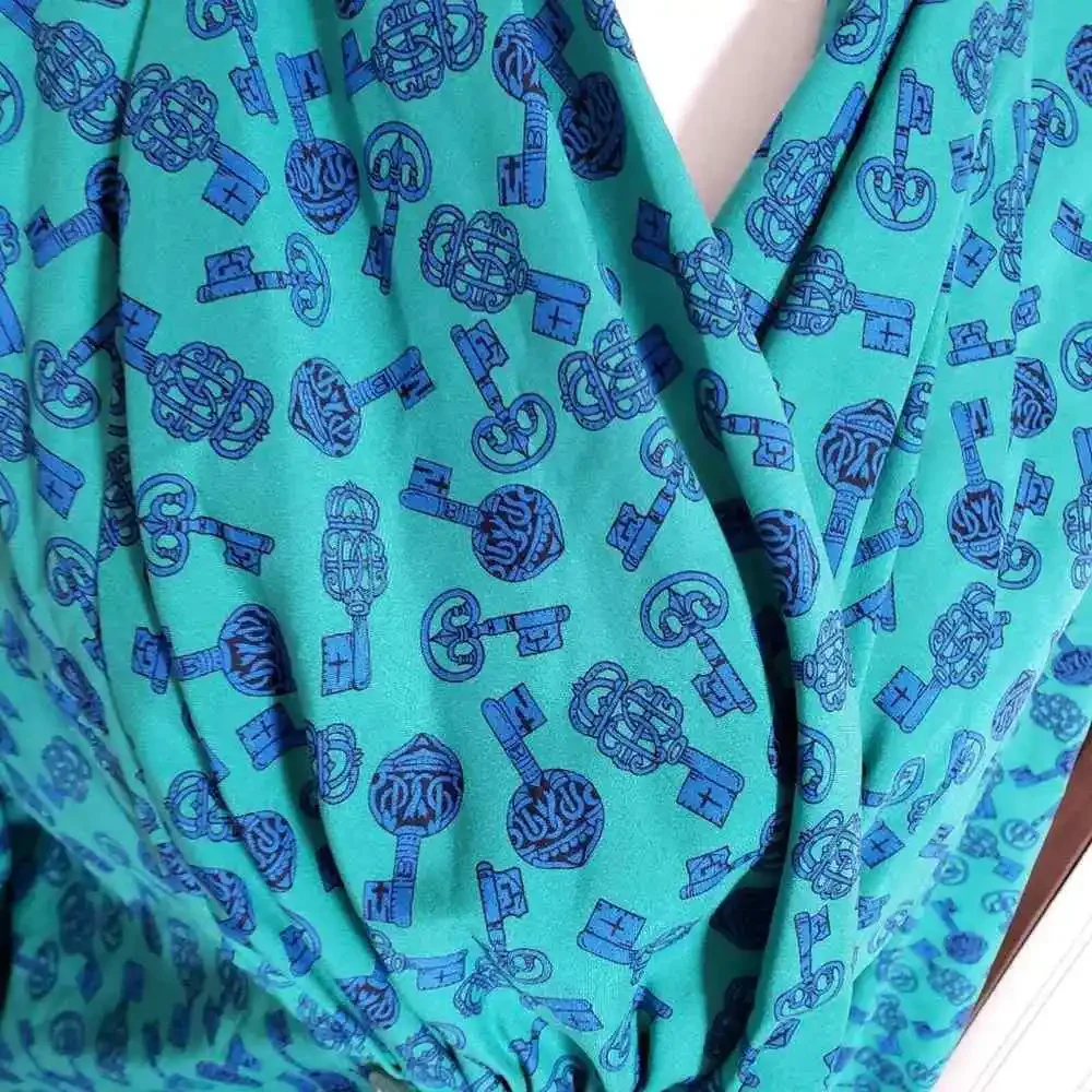 Vintage teal Puff Sleeve popover wrap blouse key Chain Western Equestrian M L - Picture 2 of 7